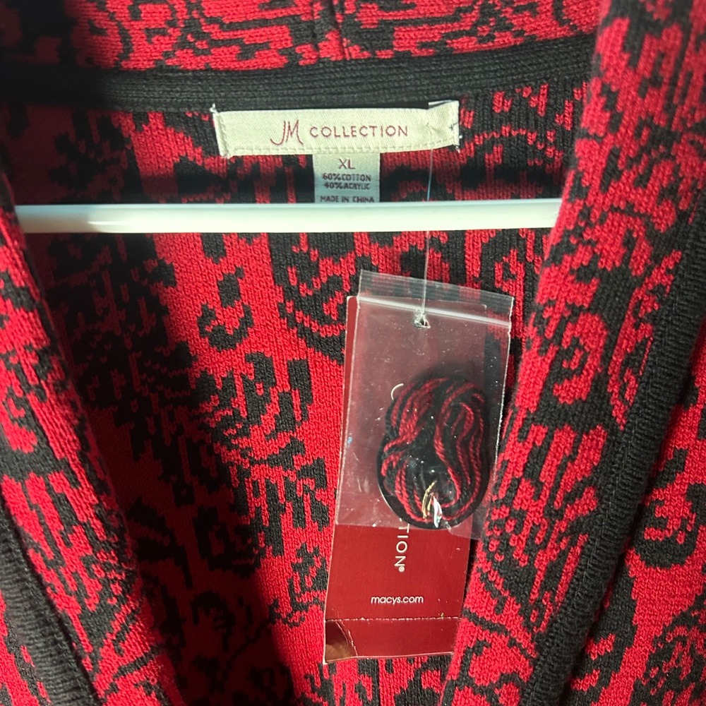 JM Collection Women's Red Black Damask Knit Cardigan‎ Sweater XL Button Front - Picture 3 of 7